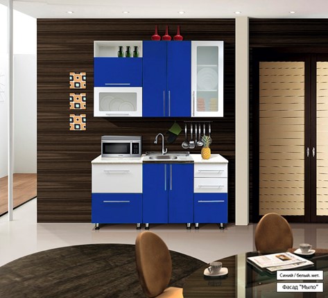 Гарнитур на кухню Мыло 224 1600х718, цвет Синий/Белый металлик в Энгельсе - изображение