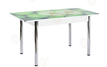 Обеденный раздвижной стол Айсберг-01 СТФ, белый/фотопечать зеленые яблоки/ноги хром круглые в Энгельсе