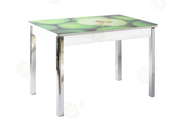Кухонный стол раскладной Айсберг-01 СТФ, белый/фотопечать зеленые яблоки/ноги хром квадратные в Саратове
