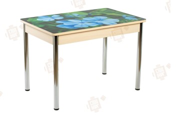 Кухонный стол раздвижной Айсберг-01 СТФ, дуб/фотопечать фиалка/ноги хром прямые круглые в Саратове