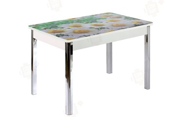 Кухонный стол раздвижной Айсберг-01 СТФ, дуб/фотопечать ромашки/ноги хром квадратные в Саратове