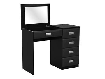 Косметический стол Como/Veda, с зеркалом, 4 ящика, правый, ЛДСП черный/экокожа черная в Энгельсе - предосмотр