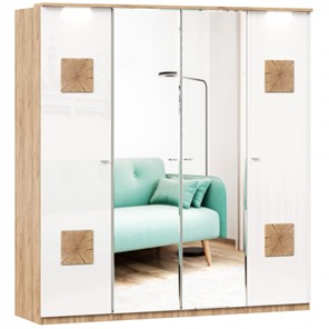 Шкаф 4х-дверный Фиджи с 2 зеркалами и декоративными накладками, Дуб золотой/Белый в Саратове